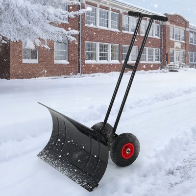Snow Shovel for Driveway, 29 in Snow Shovels Pusher w/Wheels, Ergonomic Snow Pusher Shovel with Adjustable Height & Angle, Decreasing Back Injuries