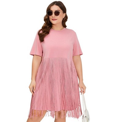 Whizmax Women's Plus Size Fringe Trim Half Sleeve Round Neck Tee Top Long Tassel T Shirt