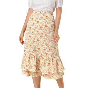 INSPIRE CHIC Women's Chiffon Elastic Waist Ruffle Tiered Flowy Midi Floral Printed Skirts - 1 of 4