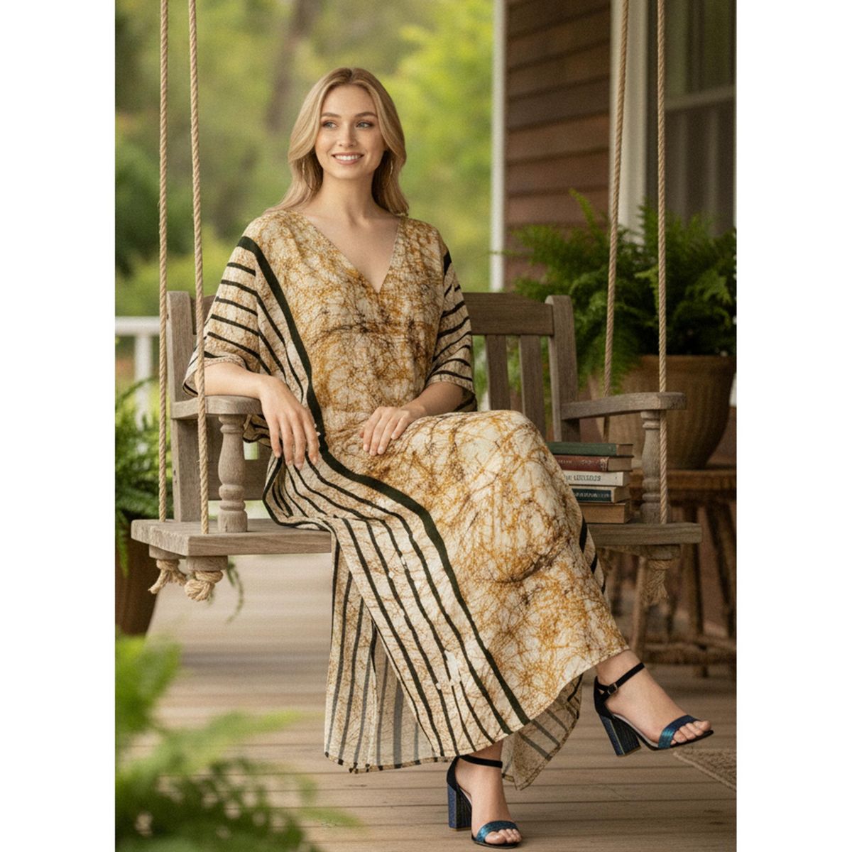 LA LEELA Summer Cotton Boho Caftan for Women Resortwear Vacation Cruise Holiday Maxi Loungewear Travel Dress 2X-3X Yellow Stripe - thumbnail 5