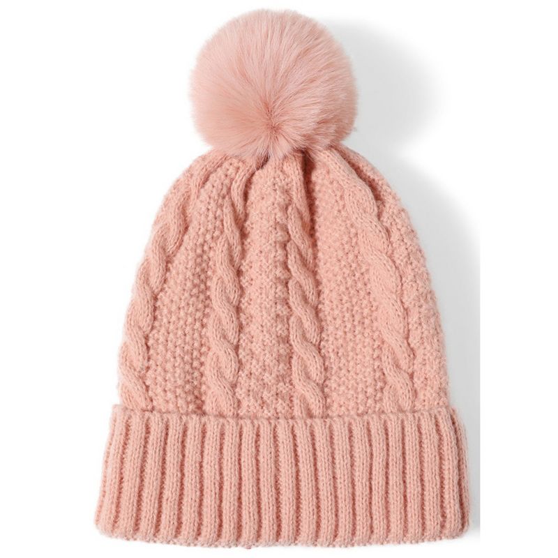 Women's Solid Color 100% Acrylic Cable Knit Hat with pom And Fleece Lining, 1 of 5