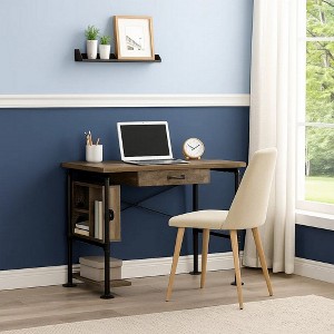 Royal Hampton Writing Desk with Industrial Style and 3 Tier Sleek Side Shelves, Oak Brown - 1 of 4