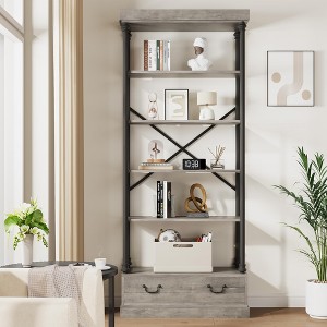 Bookshelf with Drawers 81.29" Tall Bookcase 5 Tier Vintage Bookshelves Metal Frame Shelf - 1 of 4