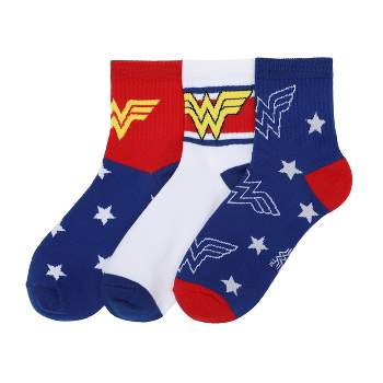 Wonder Woman Logo Red, White and Blue Athletic 3-Pack Quarter Crew Socks