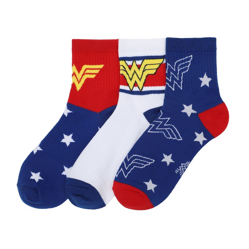 Wonder Woman Logo Red, White and Blue Athletic 3-Pack Quarter Crew Socks, 1 of 7