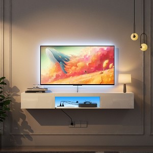 CENGHU Floating TV Stand, Wall Mounted TV Shelf with LED Lights & Power Outlet, High Gloss Floating TV Cabinet, for Living Room - 1 of 4