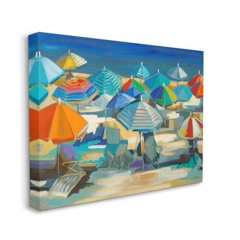 Stupell Industries Colorful Beach Umbrella Landscape Nautical Deep Blue  Gallery Wrapped Canvas Wall Art, 16 x 20