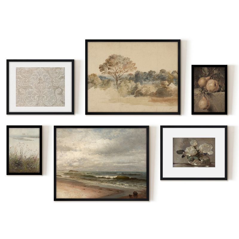 Americanflat 6 Piece Vintage Gallery Wall Art Set - Elm Tree Landscape, The Shore, Woven Silk Textile, Floral Still by Maple + Oak, 1 of 6