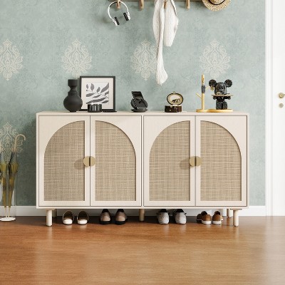 GDFStudio Barrie Modern 59" Rattan and Wood Rectangle Storage Cabinet with 4 Doors