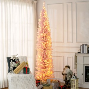 FURNIinspire Artificial Trees Indoor Outdoor Tall Slim Prelit Artificial Christmas Tree With 618 Tips, Christmas Decoration, Pink, 21.8"*21.8"*94.5" - 1 of 4