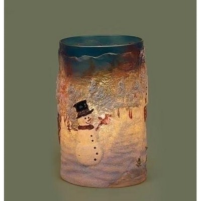 Roman 6" Snowman Cottage Winter Scene Textured Christmas Votive Candle Holder - Blue/White