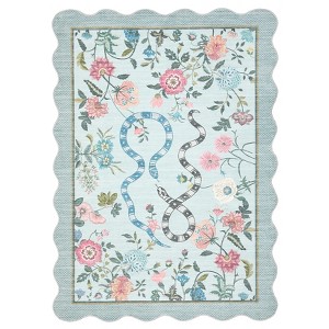 Washable Scalloped Living Room Rugs, Floral Snake Print Farmhouse Bedroom Carpet, Non Slip Low Pile Dining Room Rugs - 1 of 4