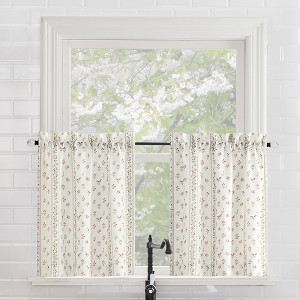 No. 918 2pc 54"x24" Riverwood Floral Stripe Print Semi-Sheer Kitchen Curtain Tier Pair Ivory - 1 of 4