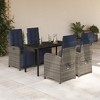 vidaXL 5PC Patio Dining Set-Poly Rattan w/Cushions-Tempered Glass Table-Adjustable Recliners-Gray/Navy - 2 of 4