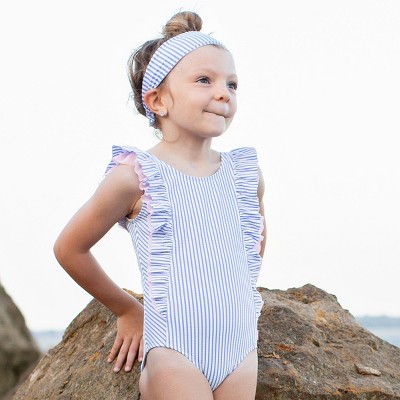 RuffleButts Baby/Toddler Girls UPF50+ Seersucker Waterfall One Piece Swimsuit - Periwinkle Blue, 5 — фото 2