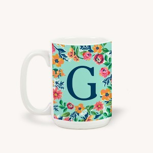 Personalization Mall Flowery Initial Coffee Mug, 15 Oz., Blue Aqua - 1 of 1
