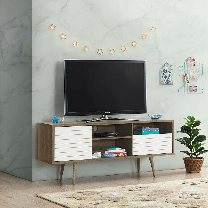 Costway Modern TV Stand/Console Cabinet 3 Shelves Storage Drawer Splayed Leg Wood/White, 4 of 11
