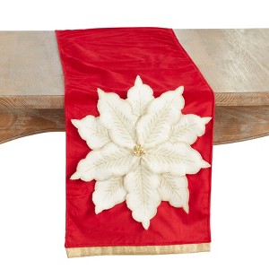 Saro Lifestyle Velvet Poinsettia Table Runner, 14"x72", Red - 1 of 3
