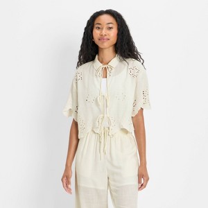 Women's Short Sleeve Embroidered Tie-Front Blouse - Future Collective - 1 of 3