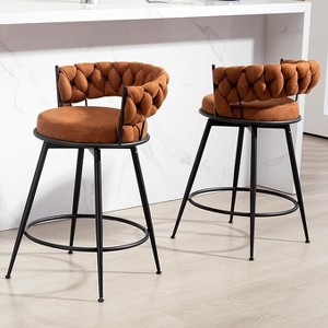 DYHOME Swivel Bar Stools Set of 2, 24" Counter Height Kitchen Stools with Back, Suede & Woven Backrest, 360° Roating Metal Frame Barstools - 1 of 4