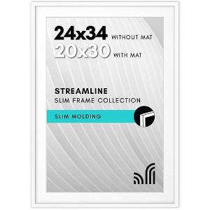 Americanflat 24x34 Poster Frame with Polished Plexiglass, Use as 20x30 Frame with Mat or 24x34 Frame Without Mat, Streamline Collection, ,  White - 1 of 1
