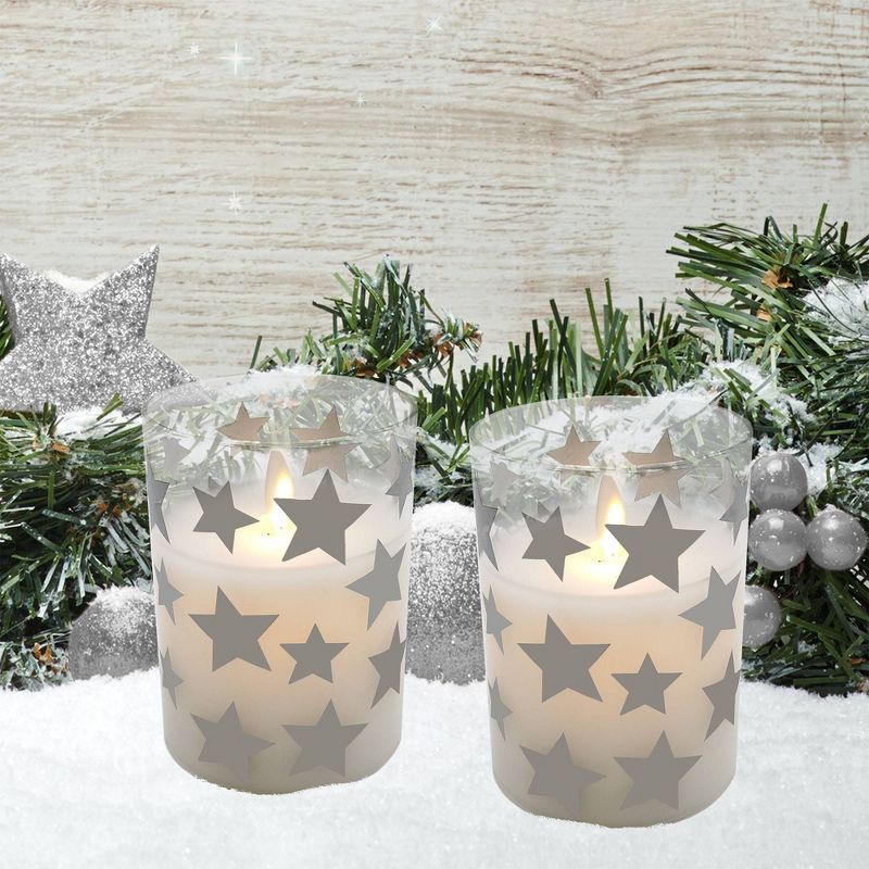 2ct Battery Operated Glass LED Candles with Moving Flame Silver Stars, 6 of 7