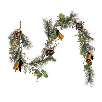 HGTV Home Collection 72" Unlit Swiss Chic Artificial Garland with Pinecones, Berries, Bells and Flexible Vine Base, Blue
