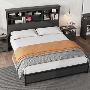 Bed Frame with Bookcase - 2-Tier High Headboard, Full Platform Bed with Charging Station, No Box Spring Needed, Easy Assemble, Black Mattress Frame - 1 of 4