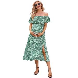 BLUEMING Maternity Sundress Flounce Elastic Neckline Dress Thigh Slit Maxi A-Line Dress - 1 of 4