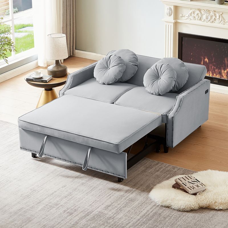54.7" Multiple Adjustable Positions Sofa Bed with a Button Tufted Backrest, Two USB Ports and Four Floral Lumbar Pillows, 4A -ModernLuxe, 3 of 17
