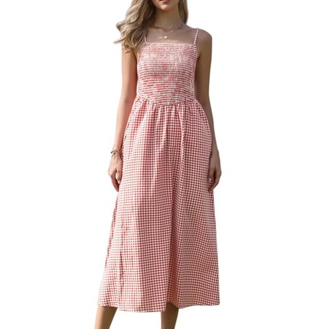 Женские платья INSPIRE CHIC Women's Gingham Summer Spaghetti Strap Sleeveless Smocked Sundress A-Line Maxi Dress Medium Red