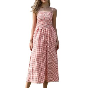 INSPIRE CHIC Women's Gingham Summer Spaghetti Strap Sleeveless Smocked Sundress A-Line Maxi Dress - 1 of 4