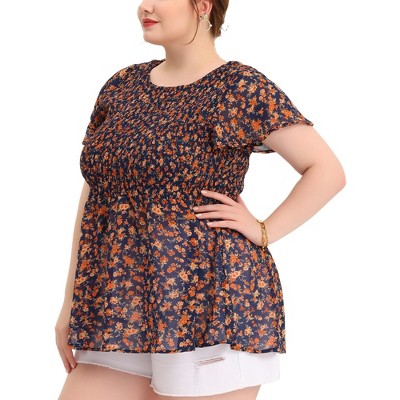 Agnes Orinda Women's Plus Size Chiffon Smock Waist Ditsy Floral Peplum Casual Blouses