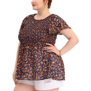 Agnes Orinda Women's Plus Size Chiffon Smock Waist Ditsy Floral Peplum Casual Blouses - 1 of 4