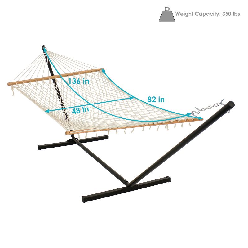 Sunnydaze Outdoor Cotton Rope Hammock with Unfinished Wood Spreader Bars and 12ft Black Steel Tri-Beam Stand, 3 of 8