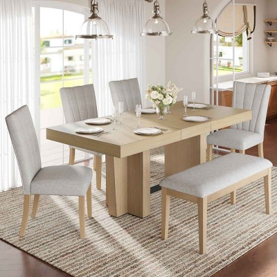 Farmhouse Dining Set for 6 People, Extendable Dining Table with Removable Leaf, Rubberwood Frame Chairs with Polyester Cushion-Coolbibila