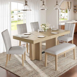 Farmhouse Dining Set for 6 People, Extendable Dining Table with Removable Leaf, Rubberwood Frame Chairs with Polyester Cushion-Coolbibila - 1 of 4