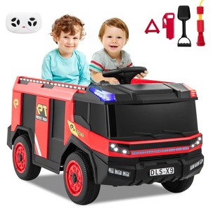 Costway 2-Seater Kids Ride on Fire Truck w/Remote Control Water Gun Extinguisher Shovel - 1 of 4