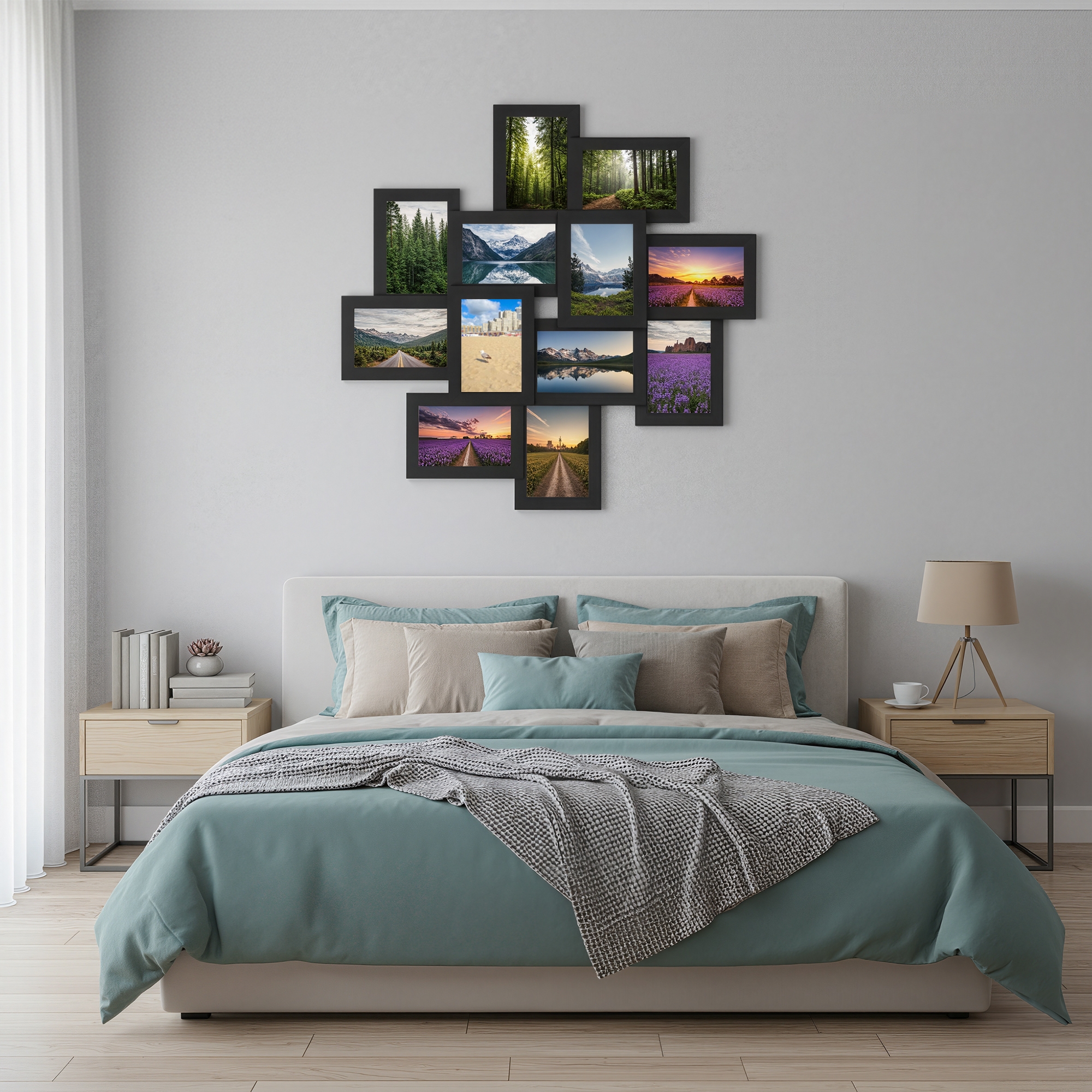 LEDREM Wall-Mounted Photo Frame Collage for 12 Pictures, Glass and MDF Frames, Family Photo Display Set, Black