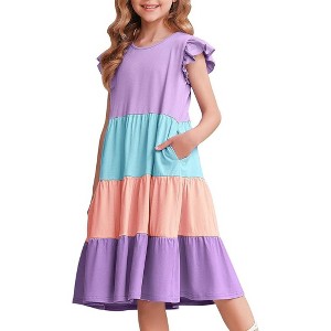 Arshiner Girl's Summer Dresses Ruffle Sleeve Tiered Swing Midi Casual Sundress with Pockets - 1 of 4