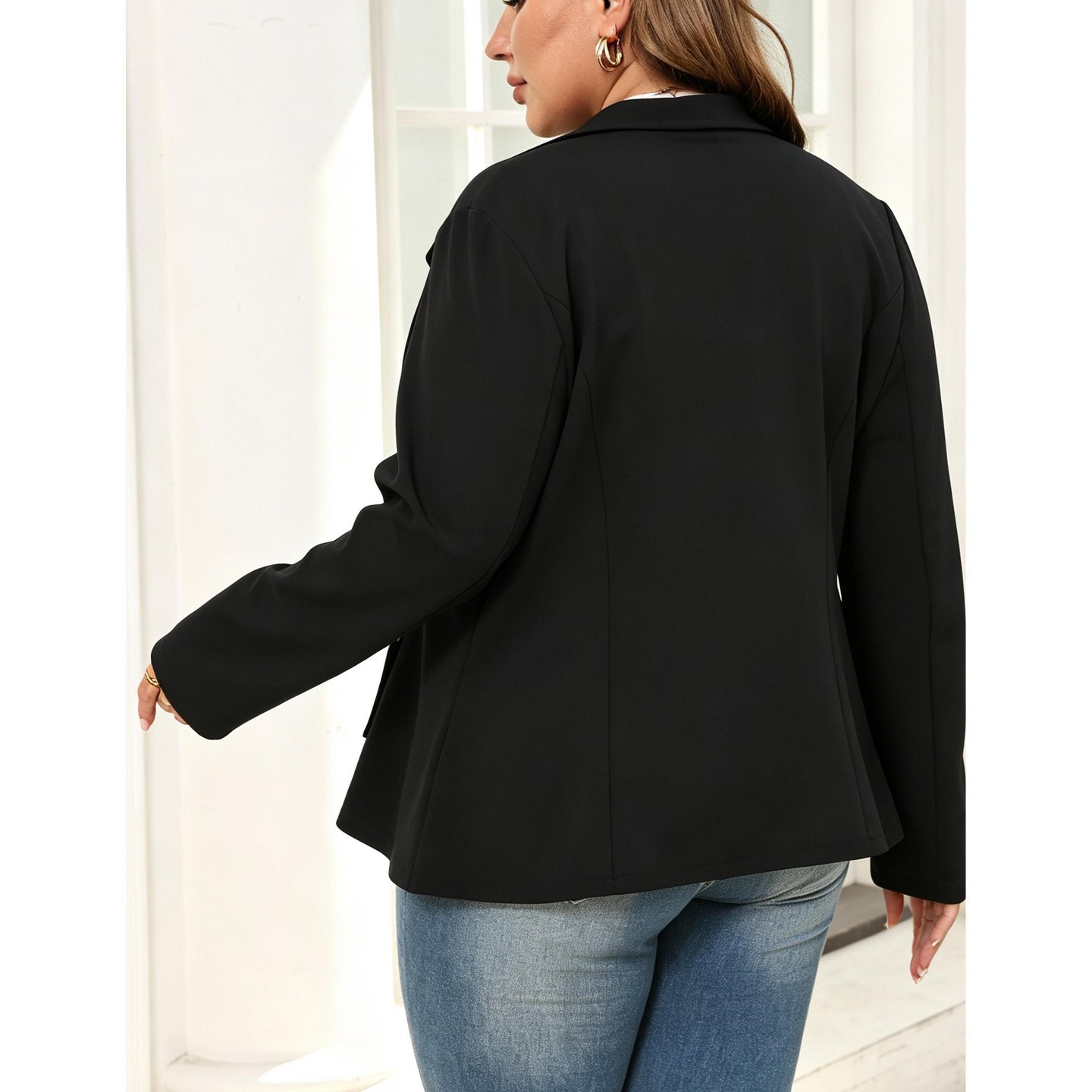 Женская куртка YesFashion Plus Size Women Open‑Front Blazer Jacket Long‑Sleeve Suit Coat Casual Business Outerwear,2XL, Black, цвет: Чёрный — фото 2
