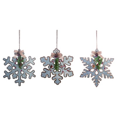 Transpac Wood 12 in. Silver Christmas Snowflake with  Iron Accent Ornament Set of 3