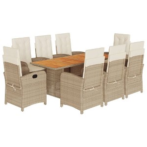 vidaXL 9 Piece Patio Dining Set with Cushions - Beige Poly Rattan, Adjustable Folding Chairs, Acacia Wood Table - 1 of 4