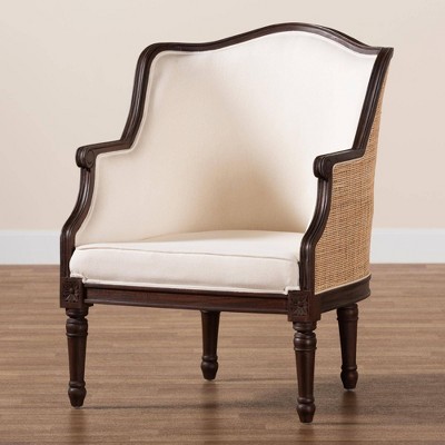 Beige and Dark Brown Carved Wood Accent Chair with Woven Rattan