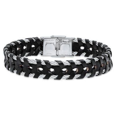Steeltime Men's black leather and stainless steel wire intertwined bracelet