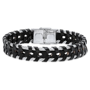 Steeltime Men's black leather and stainless steel wire intertwined bracelet - 1 of 2