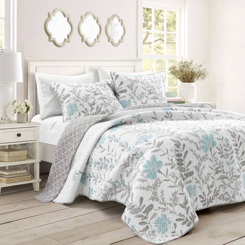 3pc King Aprile Reversible Quilt Set Blue/gray - Lush Décor : Target