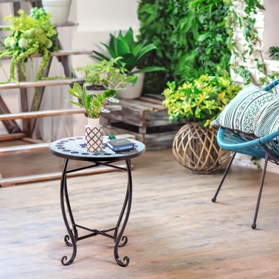 Blue Mosaic Round Glass Top Steel Accent Table