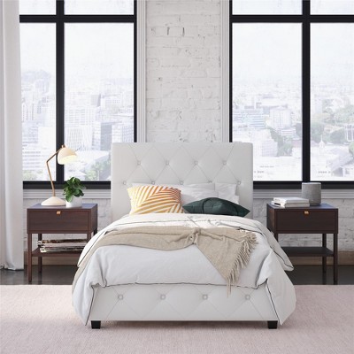 Twin White Faux Leather Upholstered Platform Bed with Tufted Headboard