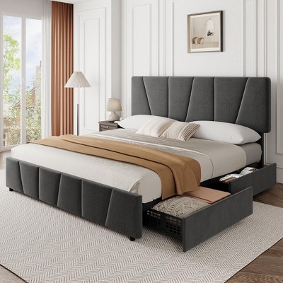 Twin/Full /Queen/King Size Bed Frame with Adjustable Headboard and 4 Storage Drawers